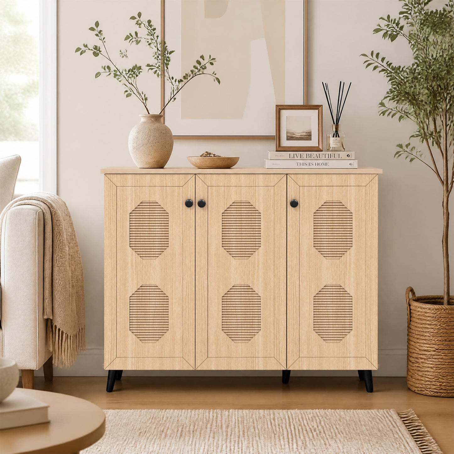 Natural Shoe Cabinet with 3 Doors Freestanding Closed Footwear Storage Unit for Entryway Hallway-Natural