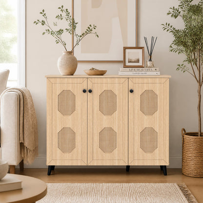 Natural Shoe Cabinet with 3 Doors Freestanding Closed Footwear Storage Unit for Entryway Hallway-Natural