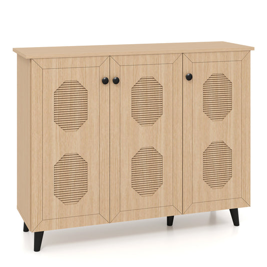 Natural wood shoe cabinet with three doors, freestanding storage unit for entryway or hallway footwear organization.