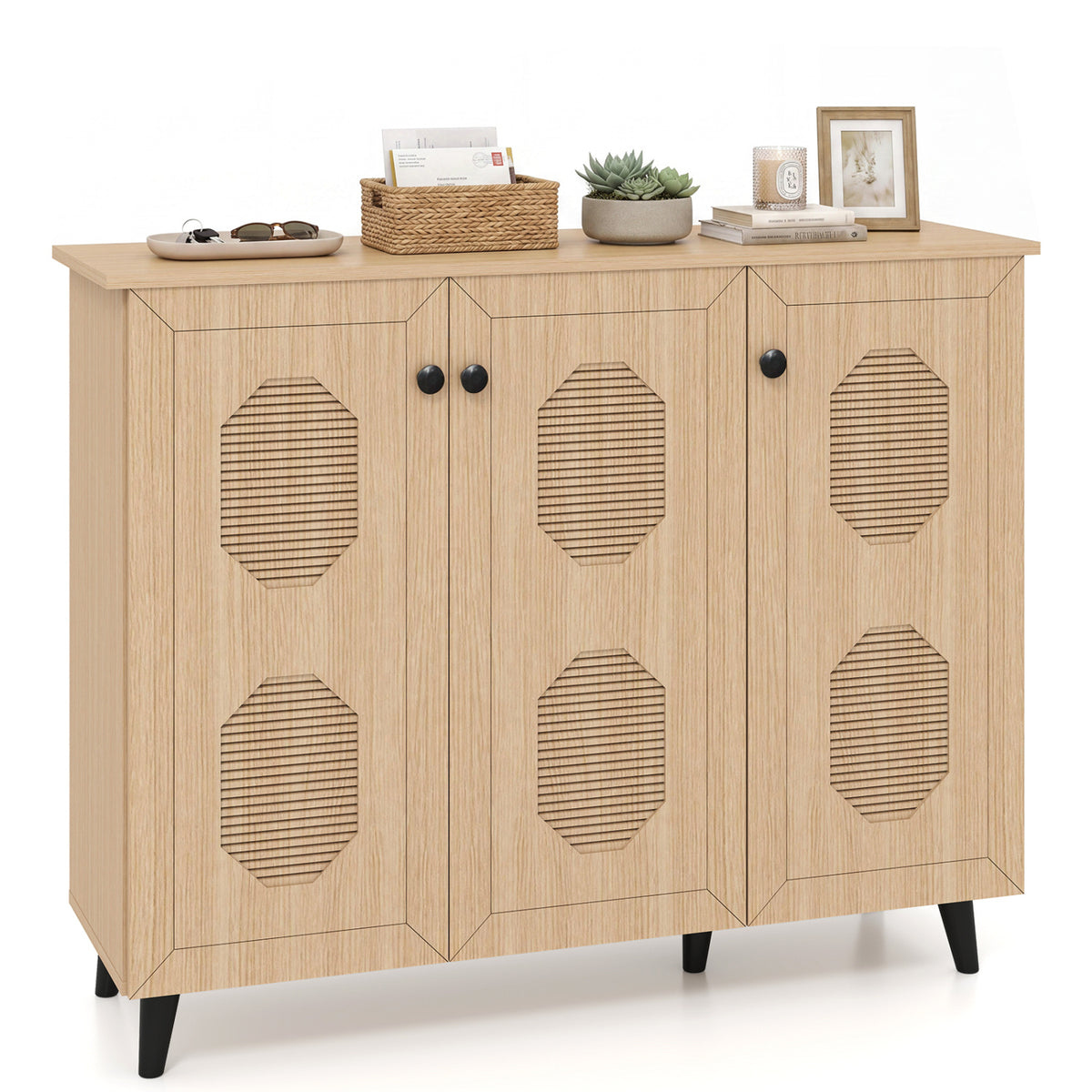 Natural Shoe Cabinet with 3 Doors Freestanding Closed Footwear Storage Unit for Entryway Hallway-Natural
