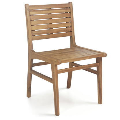 Natural wood armless patio chair with slanted back and slatted seat for outdoor patio dining.