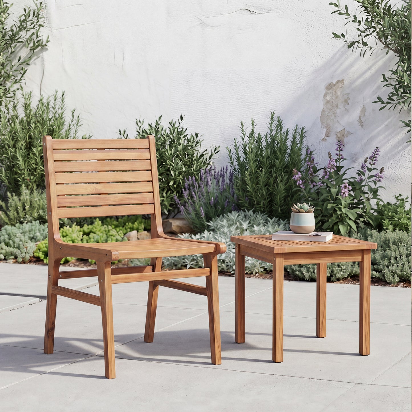 Natural wood armless patio chair with slanted back and slatted seat for outdoor dining and patio seating.