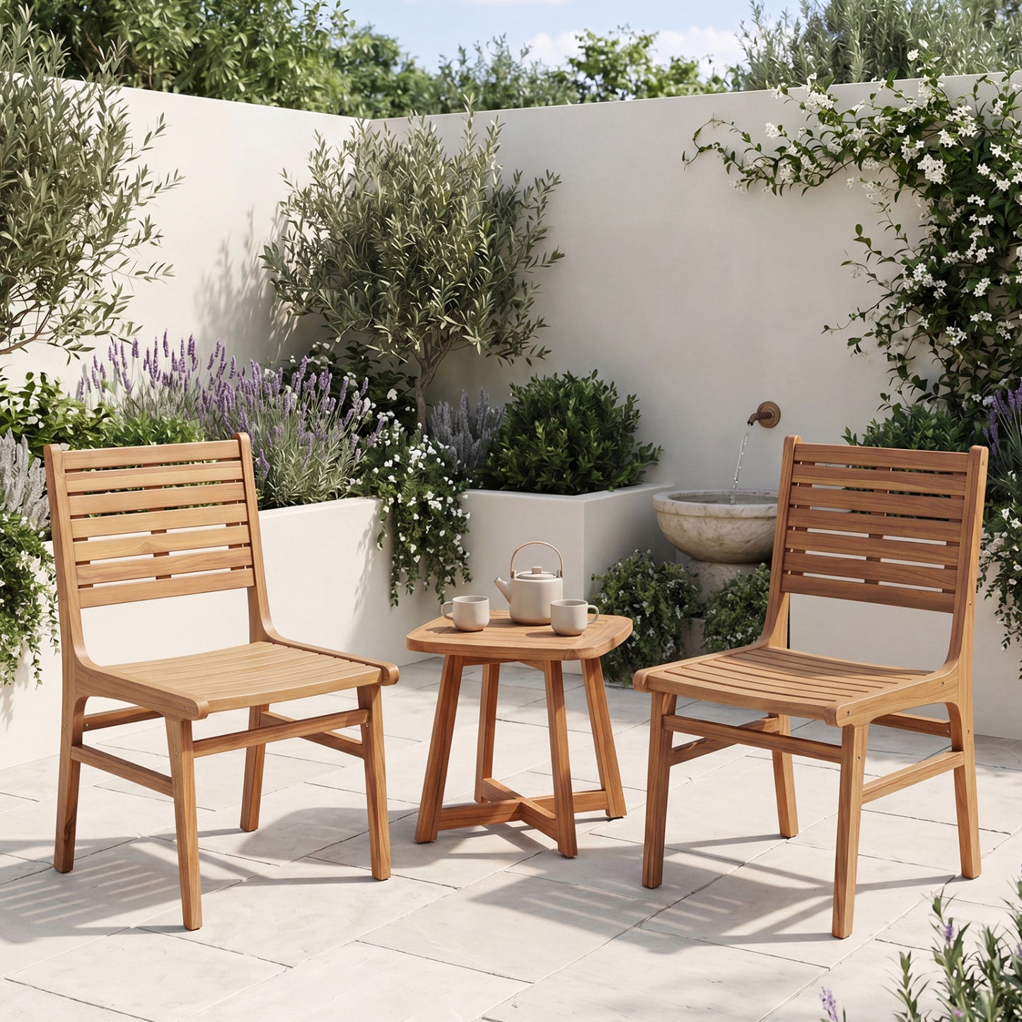 Natural wood armless patio chair with slanted back and slatted seat for outdoor dining and patio relaxation.