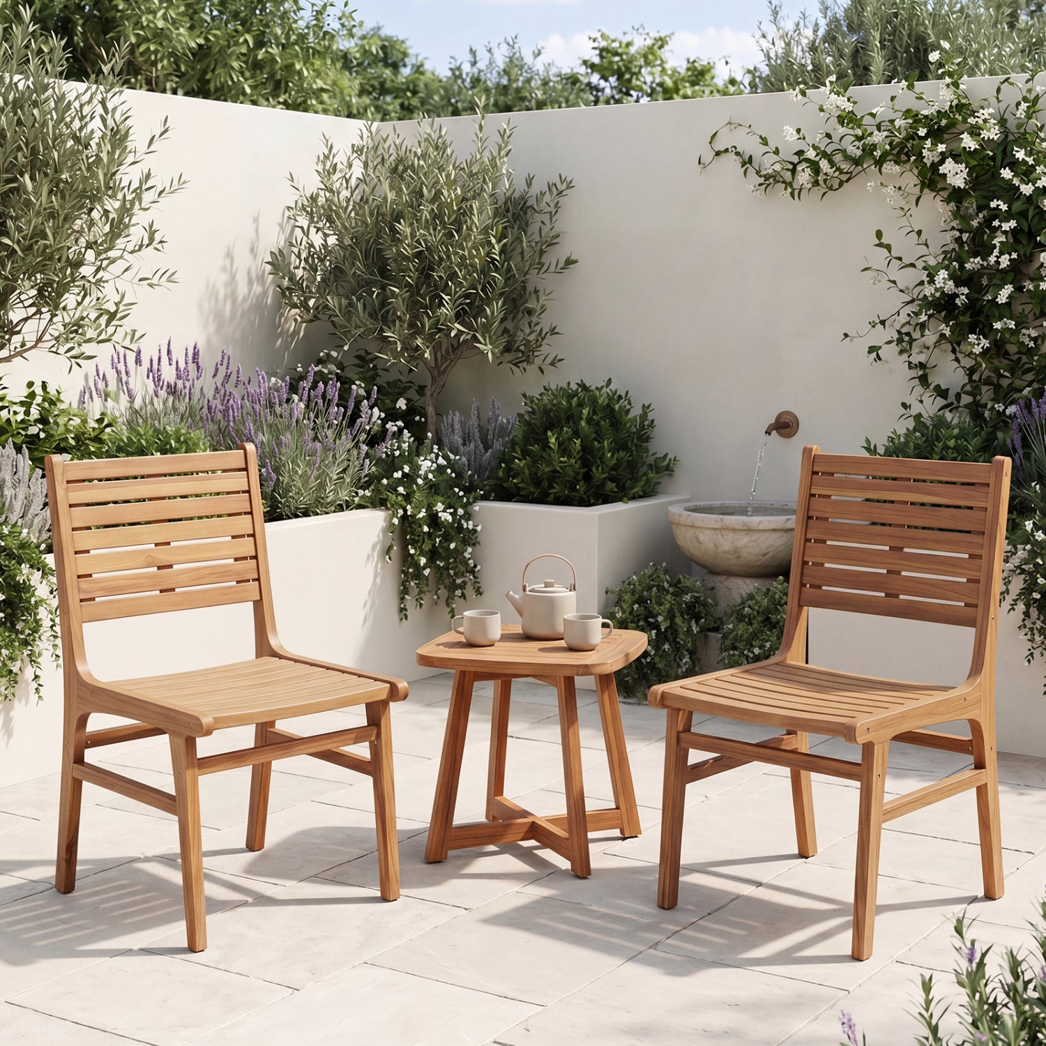 Natural wood armless patio chair with slanted back and slatted seat for outdoor dining and patio relaxation.