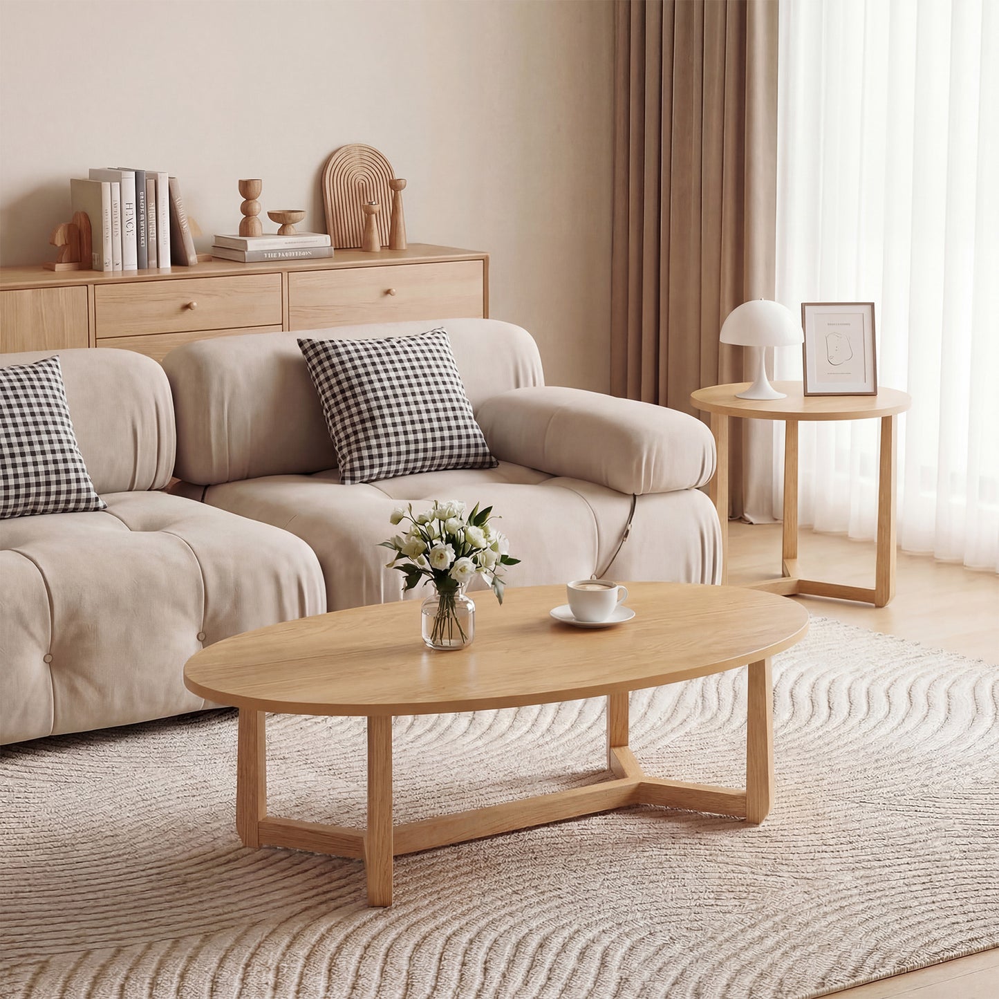 Pair of nesting coffee tables with wood veneered tops and solid rubber wood legs in natural finish, perfect for living room decor.