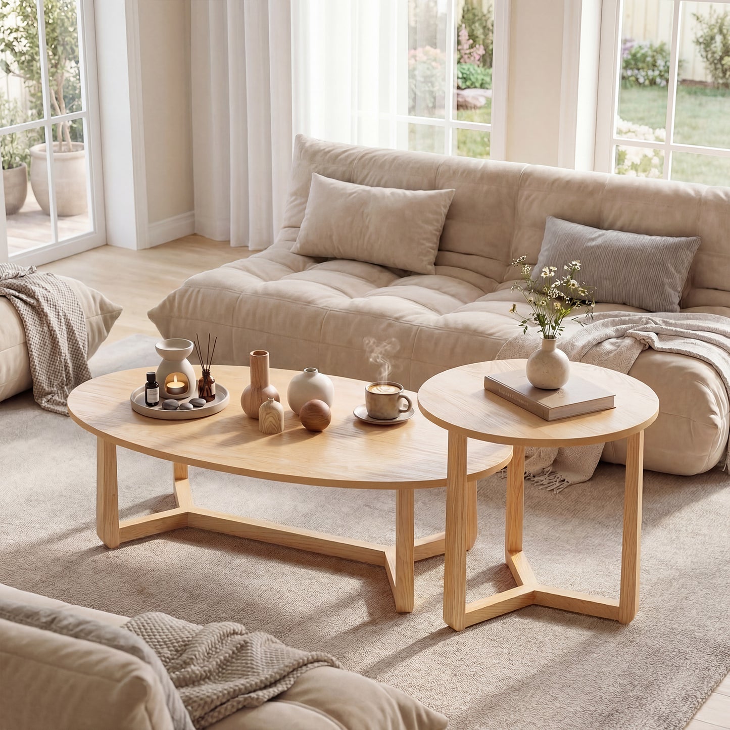 Set of two nesting coffee tables with wood veneered tops and solid rubber wood legs, natural finish for living room decor.