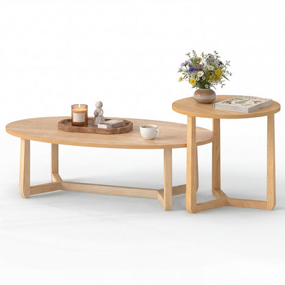 Set of two nesting coffee tables with wood veneer tops and solid rubber wood legs, natural finish for living room decor