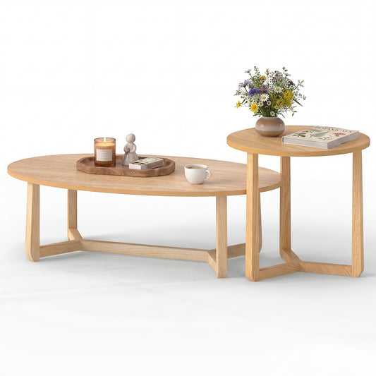 Set of two nesting coffee tables with wood veneer tops and solid rubber wood legs, natural finish for living room decor