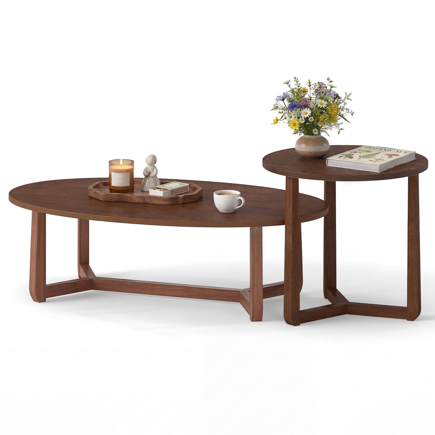 Set of two nesting coffee tables with wood veneered tops and solid rubber wood legs in natural finish.