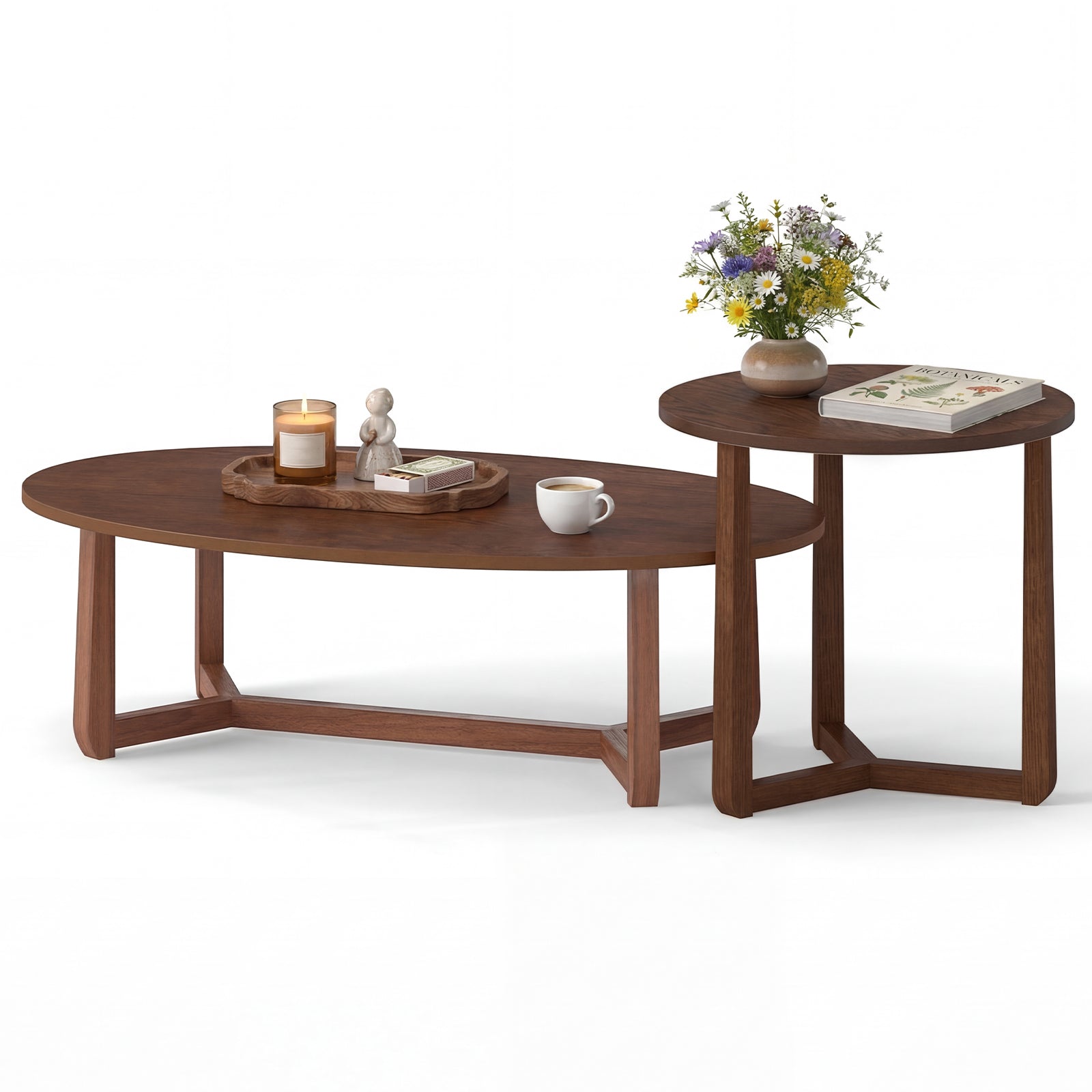 Set of two nesting coffee tables with wood veneered tops and solid rubber wood legs in natural finish.