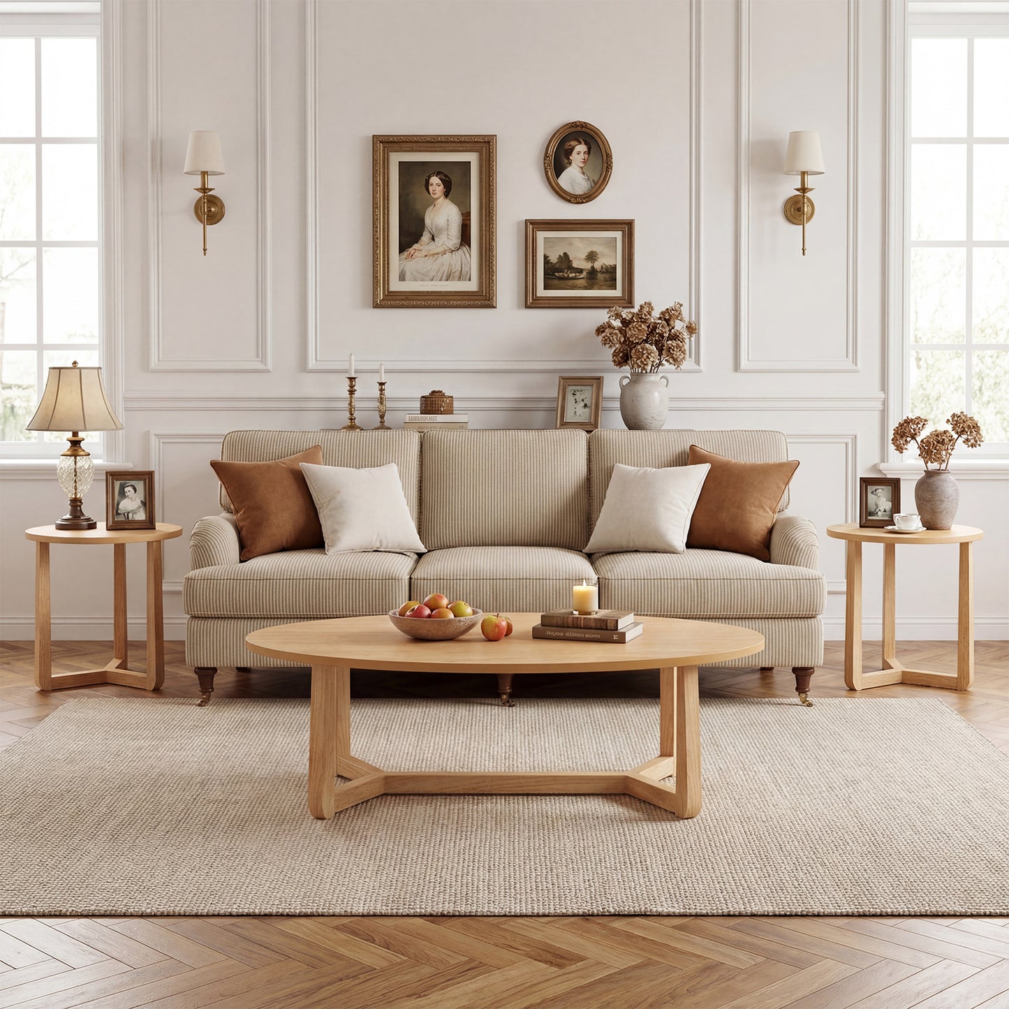 Set of three nesting coffee tables with wood veneer tops and solid rubber wood legs for a living room setting.