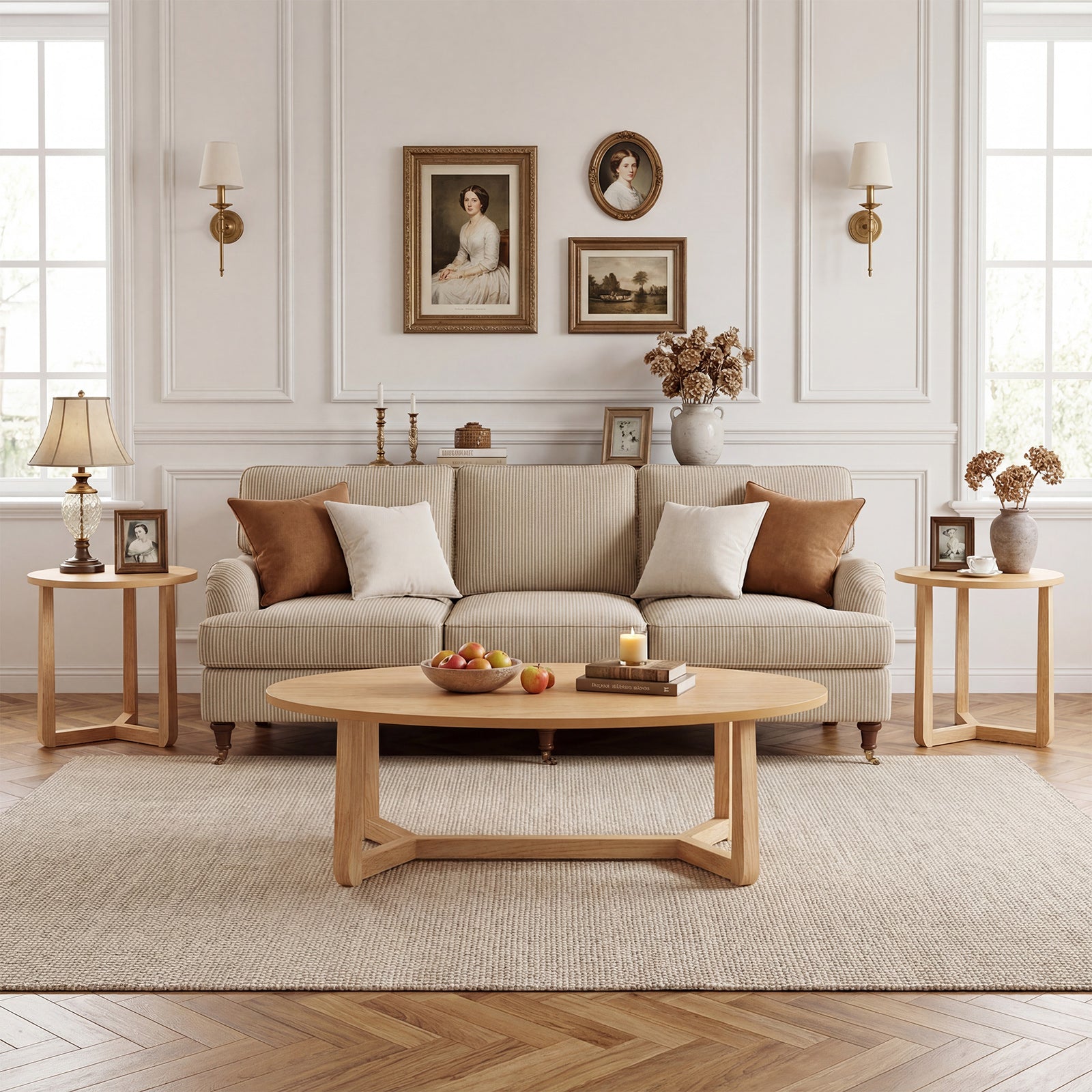 Set of three nesting coffee tables with wood veneer tops and solid rubber wood legs for a living room setting.
