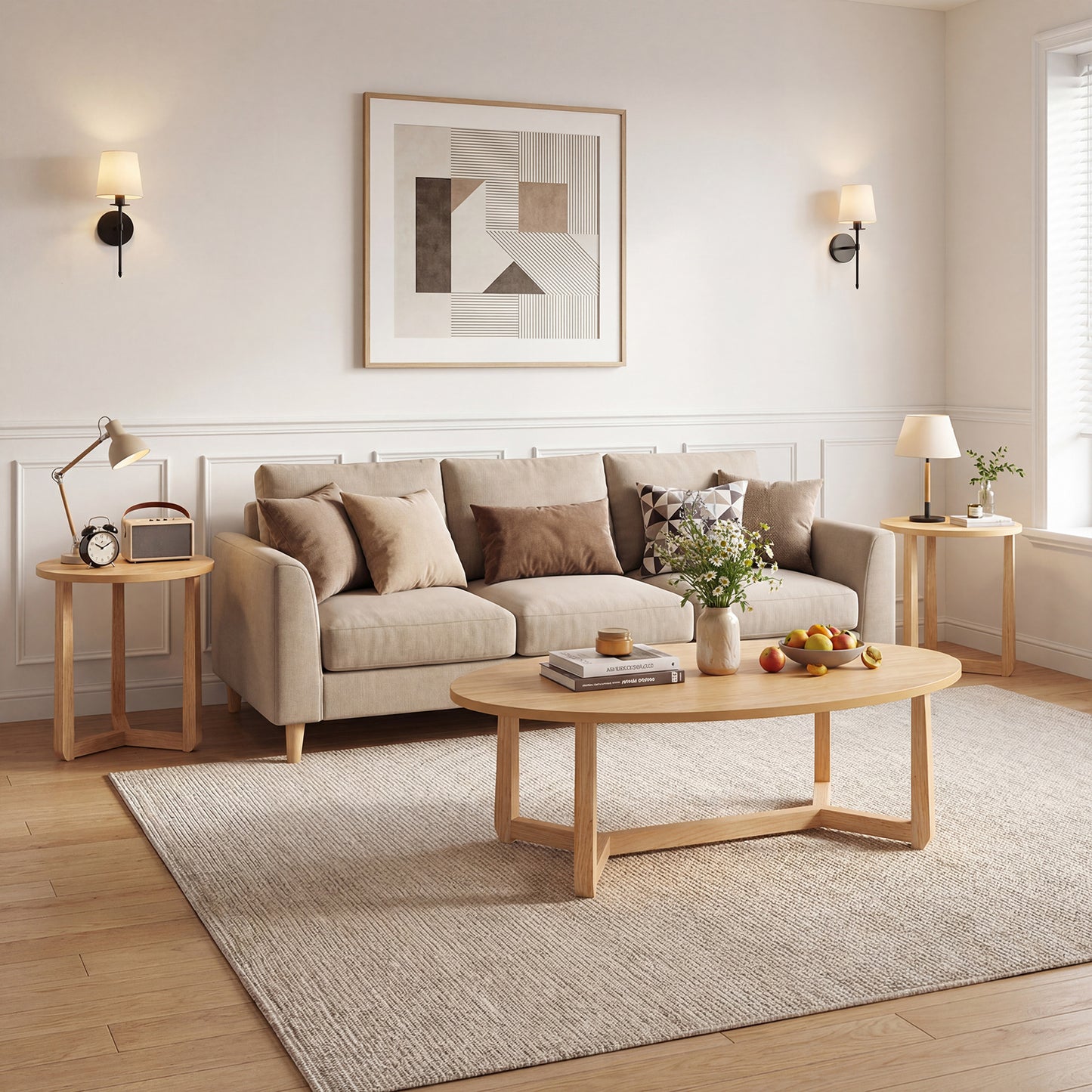 Set of three nesting coffee tables with wood veneered tops and solid rubber wood legs for living room decor.