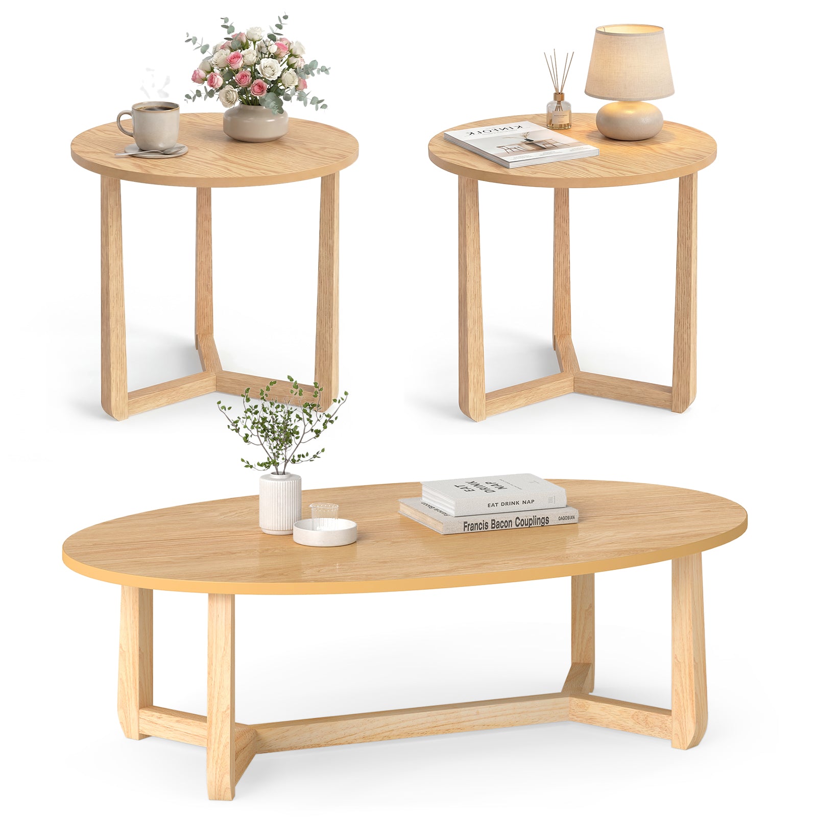 Set of three nesting coffee tables with wood veneered tops and solid rubber wood legs for living room decor.