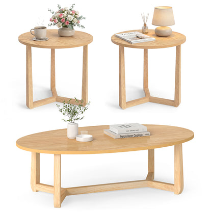 Set of three nesting coffee tables with wood veneered tops and solid rubber wood legs for living room decor.
