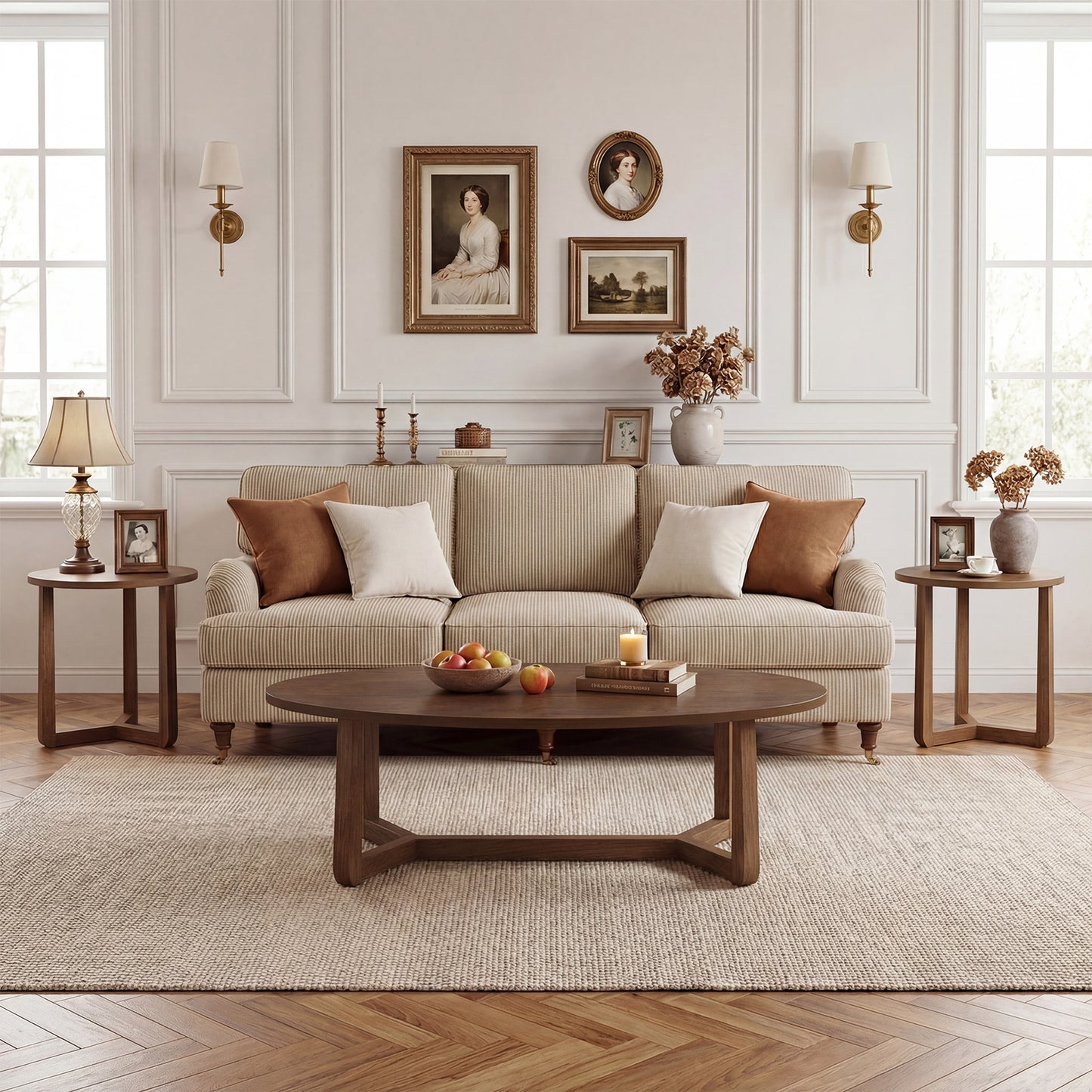 Set of three nesting coffee tables with wood veneered tops and solid rubber wood legs for living room decor.