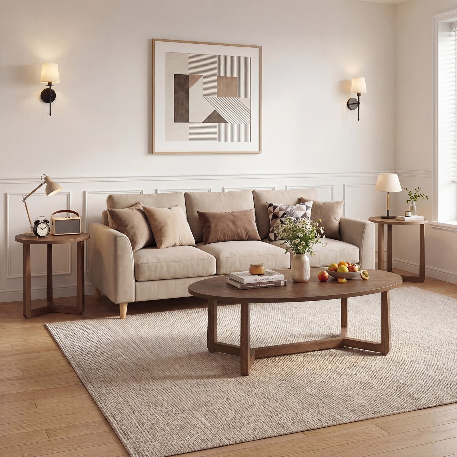 Set of three nesting coffee tables with wood veneered tops and solid rubber wood legs for living room decor