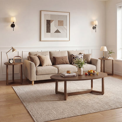 Set of three nesting coffee tables with wood veneered tops and solid rubber wood legs for living room decor