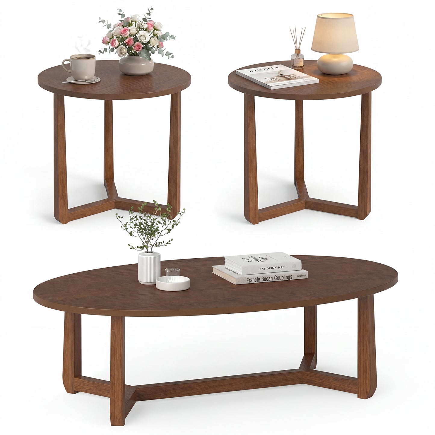 Set of three nesting coffee tables with wood veneer tops and solid rubber wood legs for living room decor.