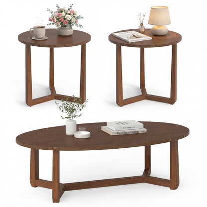 Set of three nesting coffee tables with wood veneer tops and solid rubber wood legs for living room decor.