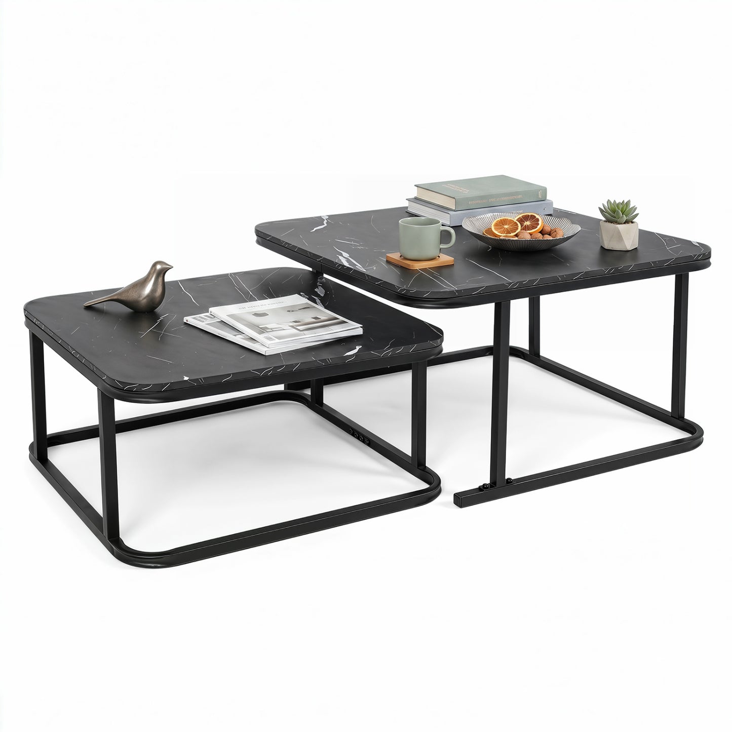 Pair of nesting coffee tables with faux marble tops and black metal frames, ideal for living room decor.