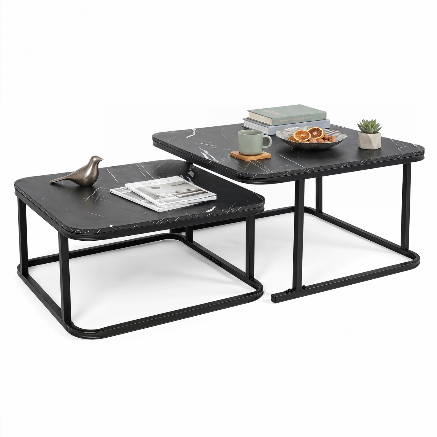 Pair of nesting coffee tables with faux marble tops and black metal frames, ideal for living room decor.