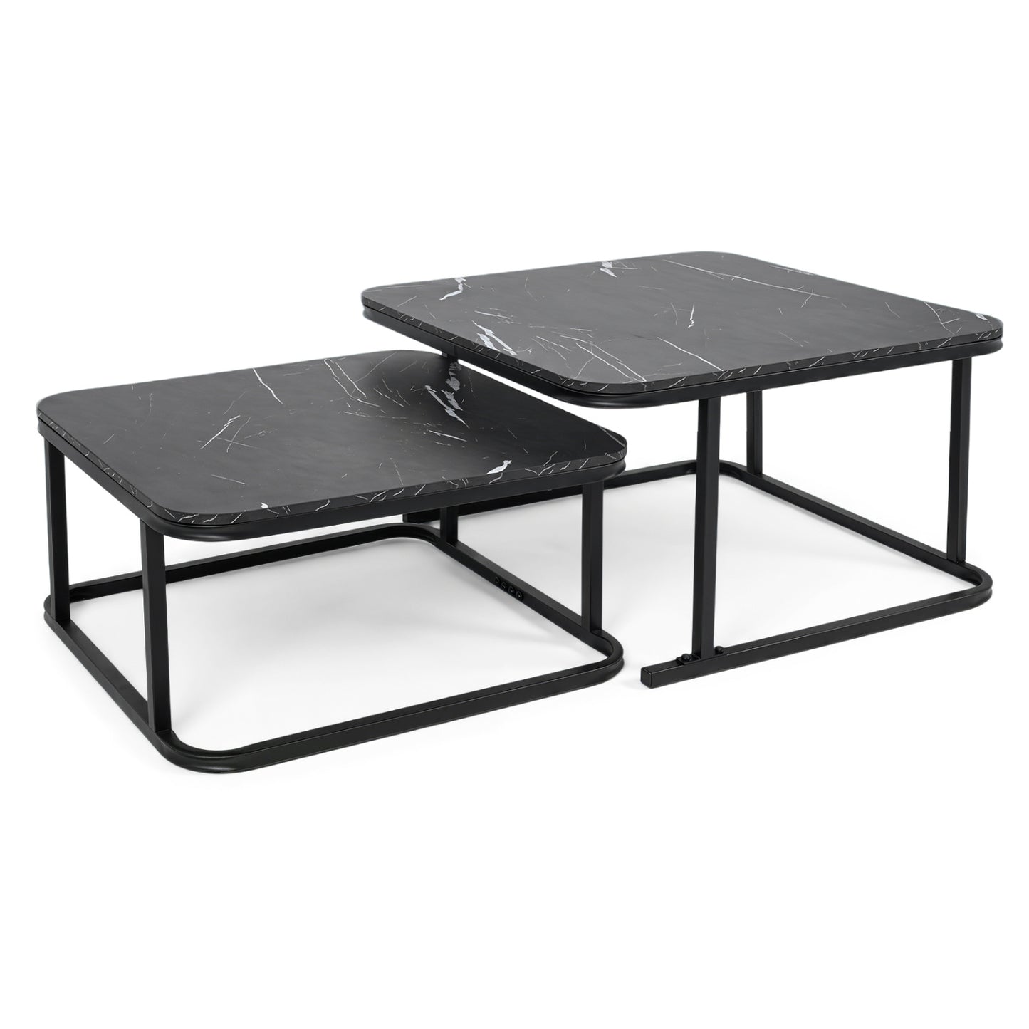 Set of two nesting coffee tables with faux marble tops and black metal frames, ideal for modern living room decor.
