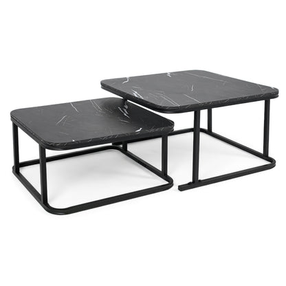 Set of two nesting coffee tables with faux marble tops and black metal frames, ideal for modern living room decor.
