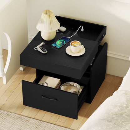 Nightstand with Charging Station Modern Bedside Table for Living Room Bedroom Office-Black