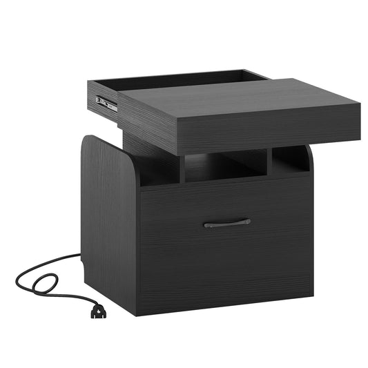 Nightstand with Charging Station Modern Bedside Table for Living Room Bedroom Office-Black