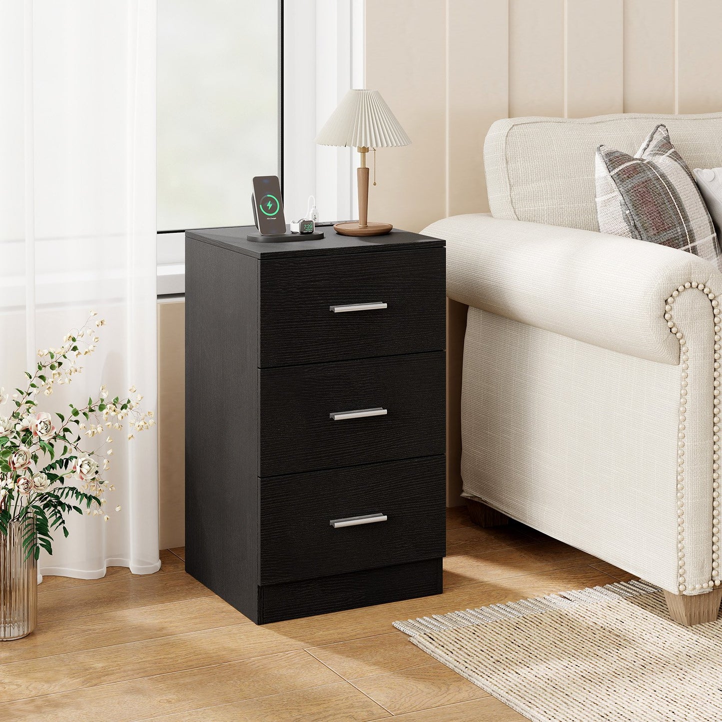 Nightstand with Charging Station End Table with 3 Storage Drawers Bedside Table for Bedroom-Black