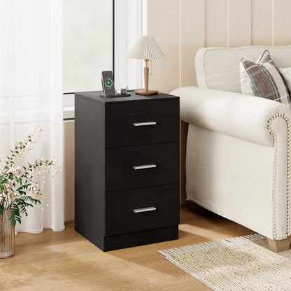 Nightstand with Charging Station End Table with 3 Storage Drawers Bedside Table for Bedroom-Black