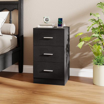 Nightstand with Charging Station End Table with 3 Storage Drawers Bedside Table for Bedroom-Black