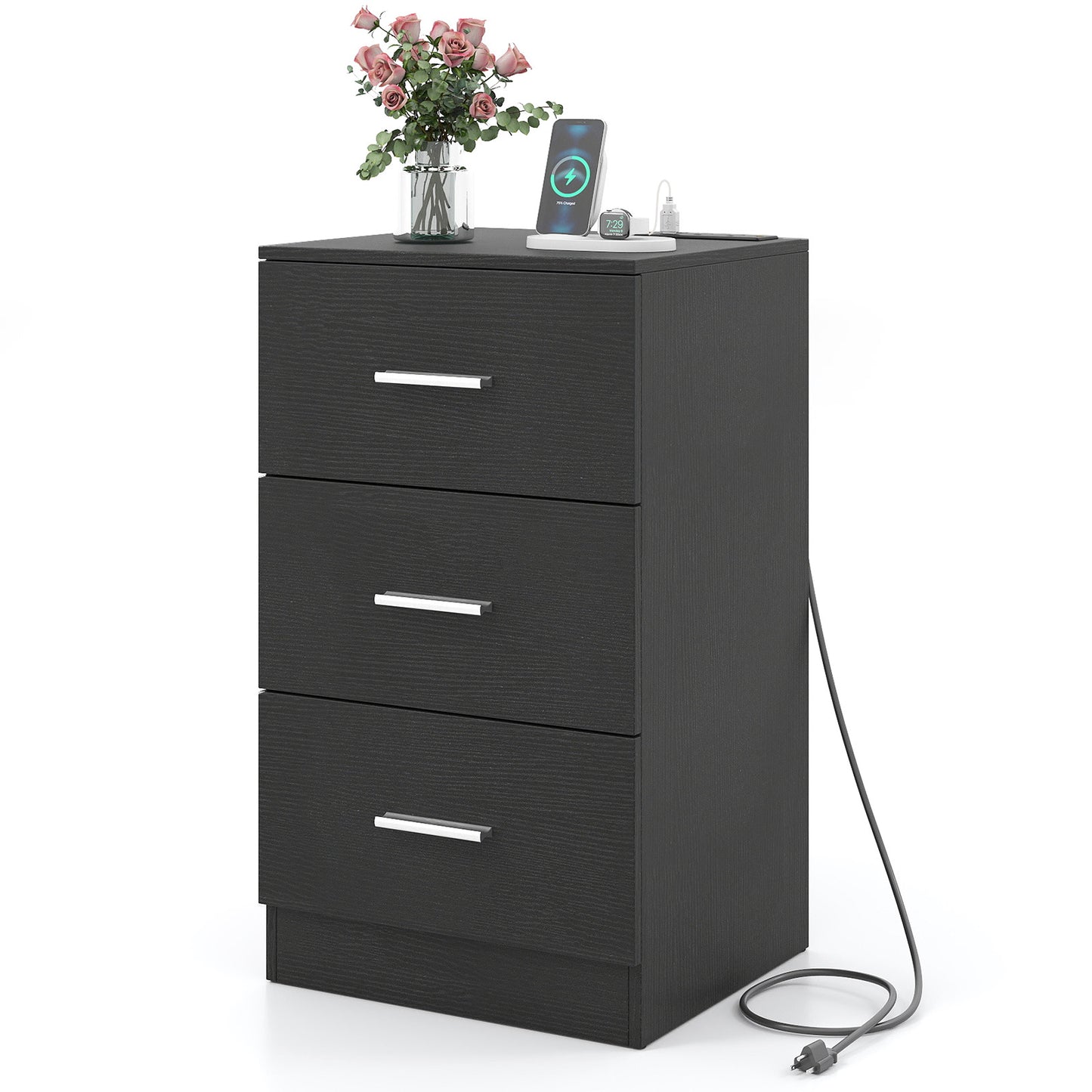 Nightstand with Charging Station End Table with 3 Storage Drawers Bedside Table for Bedroom-Black