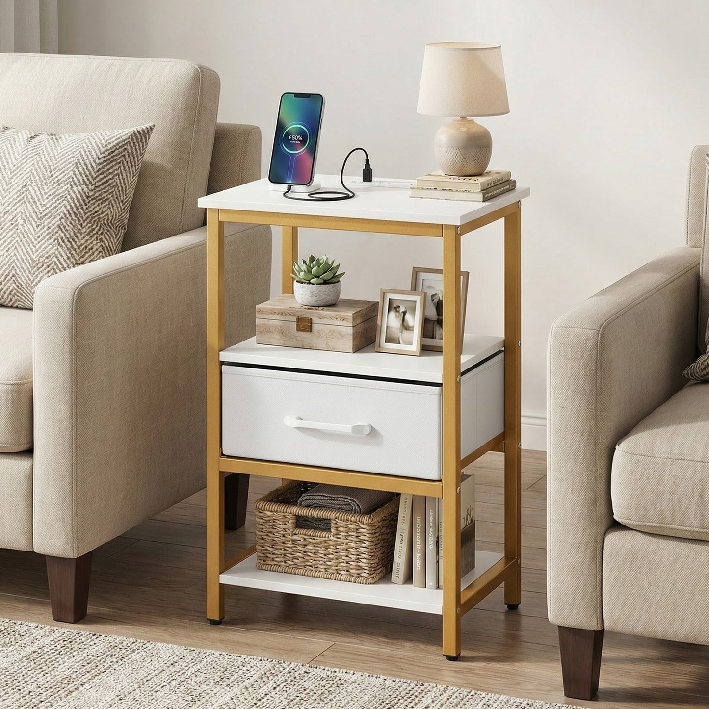 Nightstand with Charging Station and Adjustable Fabric Drawer for Bedroom and Living Room-Set of 2