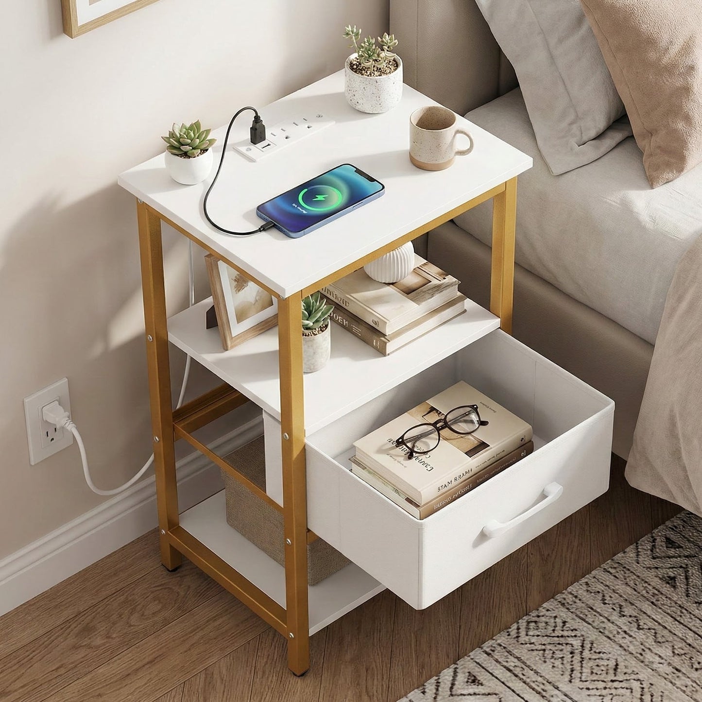 Nightstand with Charging Station and Adjustable Fabric Drawer for Bedroom and Living Room-Set of 2