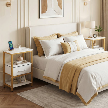 Nightstand with Charging Station and Adjustable Fabric Drawer for Bedroom and Living Room-Set of 2