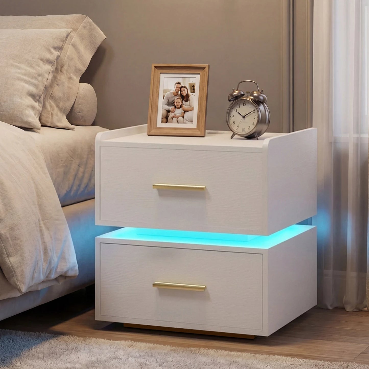 Nightstand with Charging Station LED Bedside Table with 2 Storage Drawers-Black
