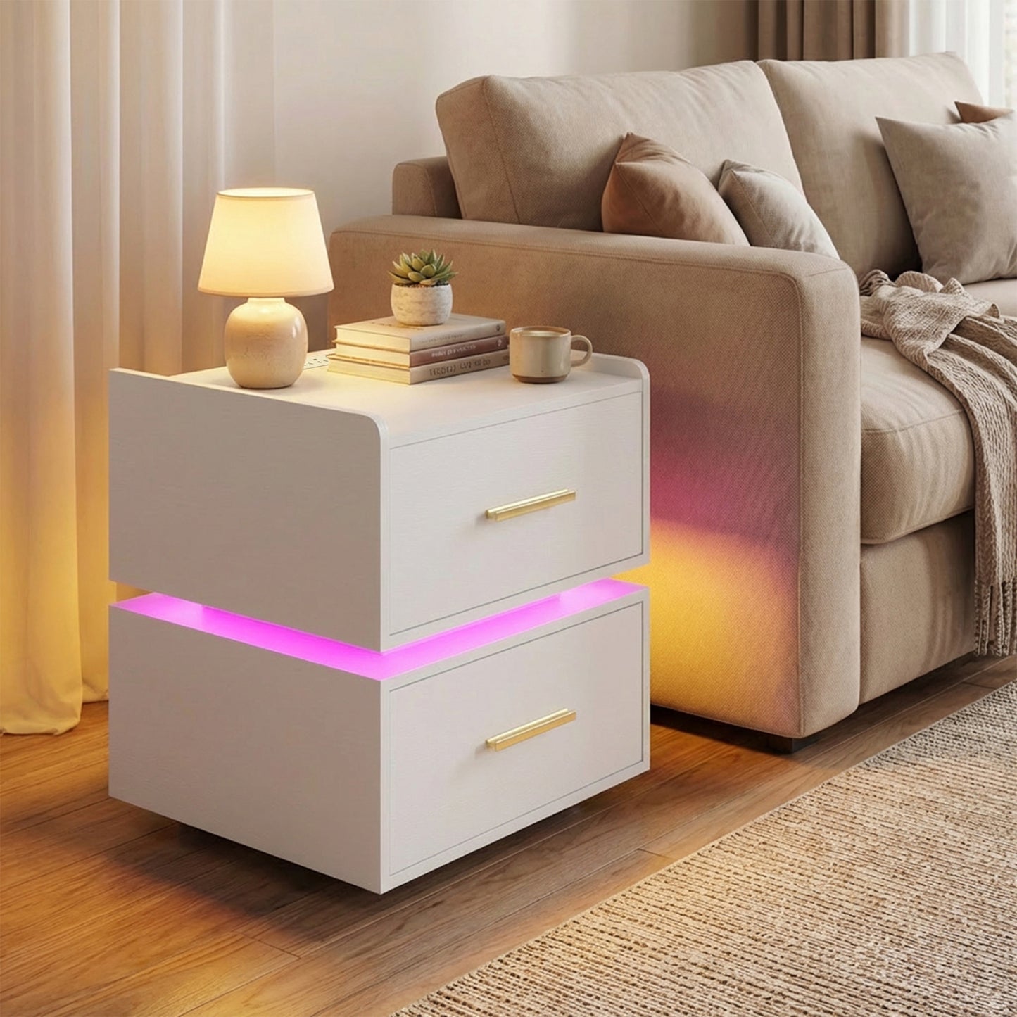 Nightstand with Charging Station LED Bedside Table with 2 Storage Drawers-Black
