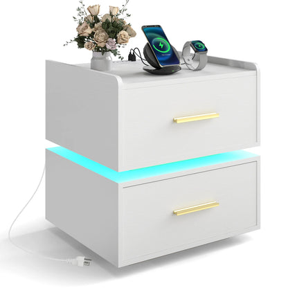 Nightstand with Charging Station LED Bedside Table with 2 Storage Drawers-Black