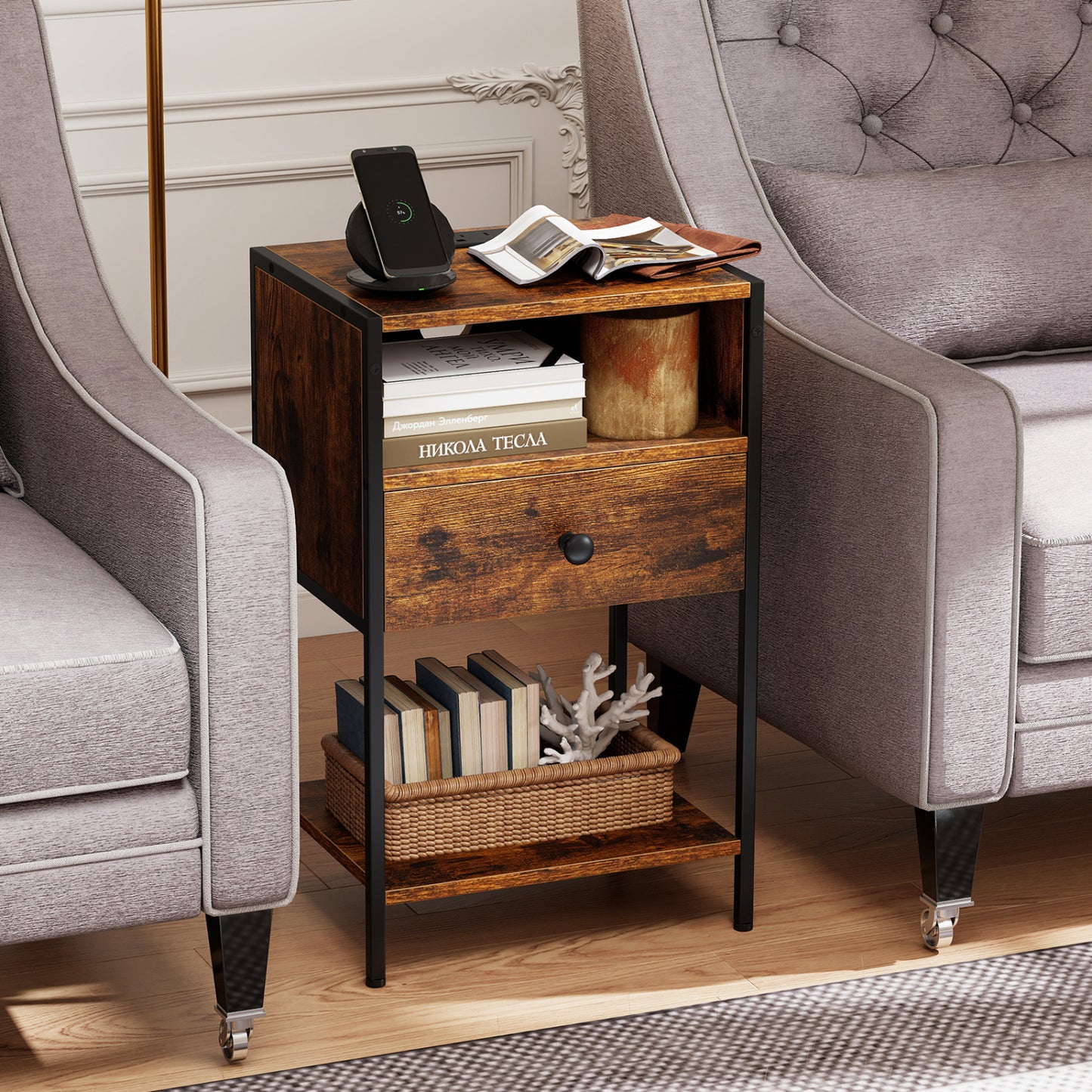 Nightstand with Charging Station Bedside Table with USB Ports and Outlets-Black