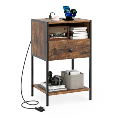 Nightstand with Charging Station Bedside Table with USB Ports and Outlets-Black