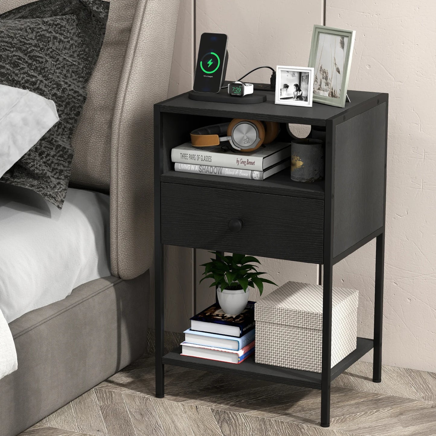 Nightstand with Charging Station Bedside Table with USB Ports and Outlets-Black