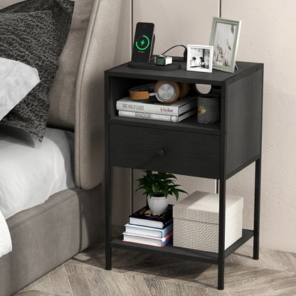 Nightstand with Charging Station Bedside Table with USB Ports and Outlets-Black