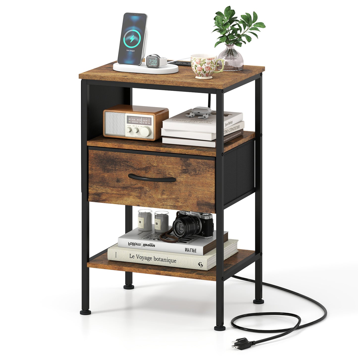 Nightstand with Charging Station 24.5 inch Modern Bedside Table with Fabric Drawer-Rustic Brown