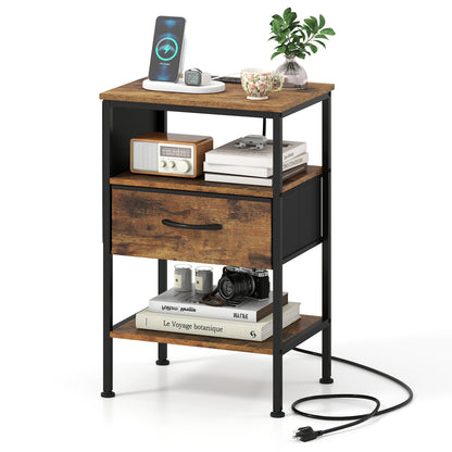 Nightstand with Charging Station 24.5 inch Modern Bedside Table with Fabric Drawer-Rustic Brown