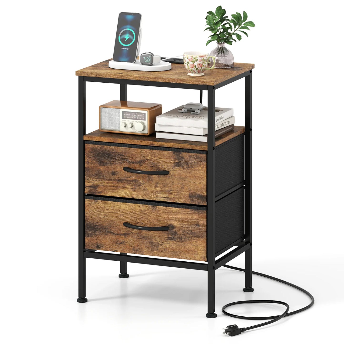 Nightstand with Charging Station 24.5 inch Modern Bedside Table with 2 Fabric Drawers-Black