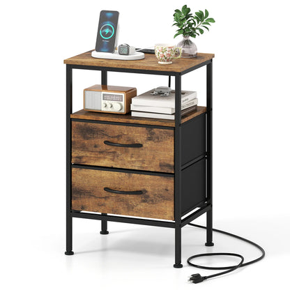 Nightstand with Charging Station 24.5 inch Modern Bedside Table with 2 Fabric Drawers-Black