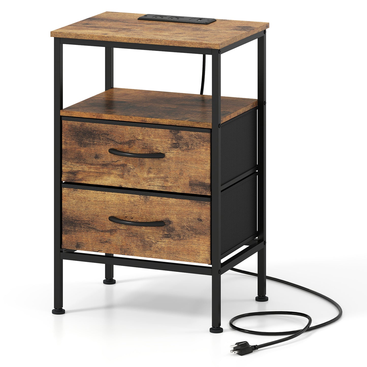 Nightstand with Charging Station 24.5 inch Modern Bedside Table with 2 Fabric Drawers-Black