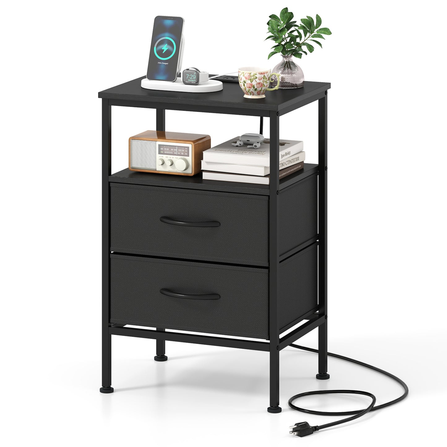 Nightstand with Charging Station 24.5 inch Modern Bedside Table with 2 Fabric Drawers-Black